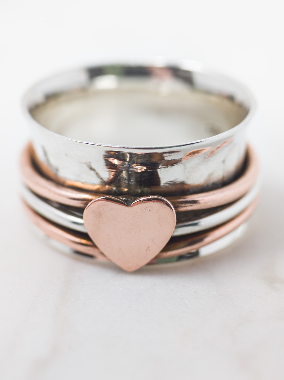 Artisan 925 Sterling Silver & Copper Spinner Ring w/ Heart, Sz 7.75